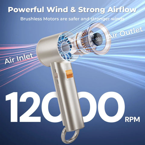 On The Go Turbo Handheld Fan For Outdoor Adventures with 5000mAh Battery showing airflow and brushless motor design