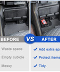 Comparison of before and after using Removable Storage Drawer Tray for 2019-2026 Dodge RAM 1500 2500 3500 Center Console Cubby Organizer