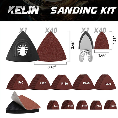 Top Shelf 120 Piece Oscillating Multi Tool Accessory Kit with sanding blades and triangles for cutting and finishing tasks.