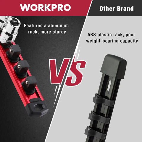 Comparison of WORKPRO aluminum Magnetic Socket Rail Organizer for 3/8-Inch Drive Set with other brand ABS plastic rack