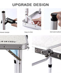 Portable Folding Camp Table 24 Inch By 16 Inch With Aluminum Frame Lightweight And Easy Setup Three Adjustable Heights 10 19 24 Inches Ideal For Camping Outdoor Cooking Picnics Tailgating And Everyday Use showing details like thickened design, foldable joints, and anti-skid bottom.