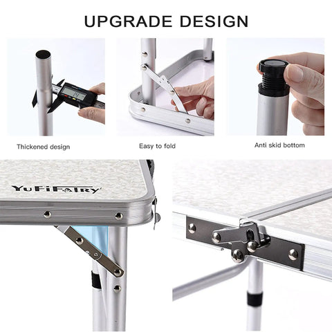 Portable Folding Camp Table 24 Inch By 16 Inch With Aluminum Frame Lightweight And Easy Setup Three Adjustable Heights 10 19 24 Inches Ideal For Camping Outdoor Cooking Picnics Tailgating And Everyday Use showing details like thickened design, foldable joints, and anti-skid bottom.
