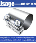 Two Pack 1.75 Inch Stainless Steel Exhaust Clamp Band Butt Joint Universal Widening Clamp with tightening bolts detail.