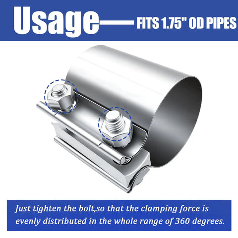 Two Pack 1.75 Inch Stainless Steel Exhaust Clamp Band Butt Joint Universal Widening Clamp with tightening bolts detail.
