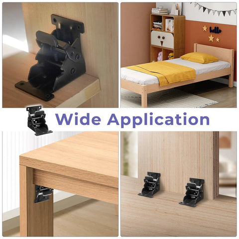 Hefty Duty Folding Brackets Kit Featuring Auto Self Locking Hinges And Forty Screws In Every Four Pack for various furniture applications.