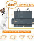 Waterproof Dog Car Seat Cover Back Seat Protector for Cars Trucks and SUVs With Nonslip Surface Includes One Dog Seat Belt Grey 53W x 47L Fits Most Vehicles showing size dimensions with outline and dog posing beside.