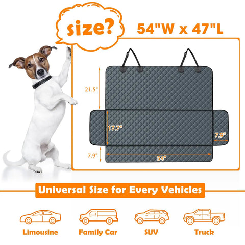 Waterproof Dog Car Seat Cover Back Seat Protector for Cars Trucks and SUVs With Nonslip Surface Includes One Dog Seat Belt Grey 53W x 47L Fits Most Vehicles showing size dimensions with outline and dog posing beside.