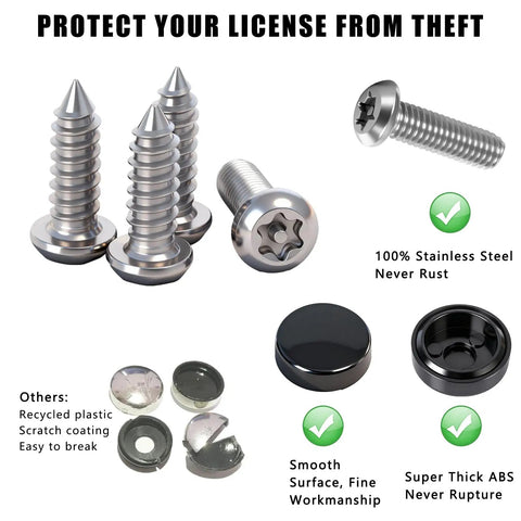 Anti Theft License Plate Screws Kit With Center Thimble Security, rustproof stainless steel M6 1/4 inch bolts, caps shown