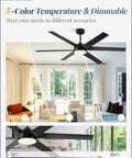 Straight Up Quality Cooling Hits Right In The Center With This 60 Inch Ceiling Fan With Light And Remote 6 Speed Operation 6 Blades Year Round Fresh Air Smooth Dimming Three Color Glow Heavy Duty Dc Motor For Covered Patios showcasing dimmable LED and color temperature options.