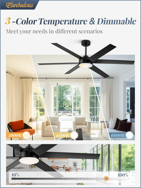 Straight Up Quality Cooling Hits Right In The Center With This 60 Inch Ceiling Fan With Light And Remote 6 Speed Operation 6 Blades Year Round Fresh Air Smooth Dimming Three Color Glow Heavy Duty Dc Motor For Covered Patios showcasing dimmable LED and color temperature options.