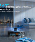 Robot Vacuum And Mop Combo With LiDAR Navigation, 360° mapping, shown in a modern living room with self-emptying base nearby.