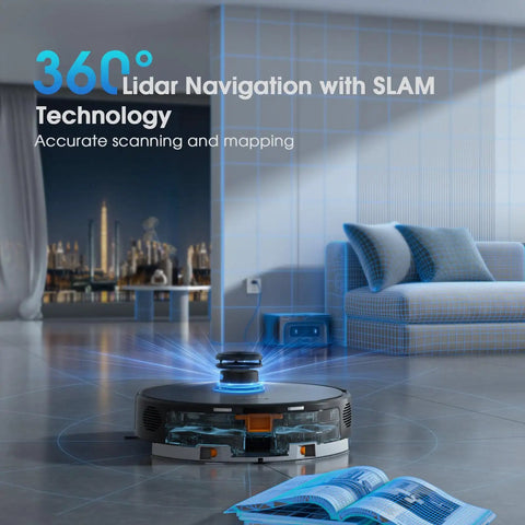 Robot Vacuum And Mop Combo With LiDAR Navigation, 360° mapping, shown in a modern living room with self-emptying base nearby.