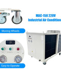 Badass 220V Three Phase Industrial Portable Air Conditioner With Crushingly Cold 51100 BTUH Cooling And Massive 6000W Airflow To Keep Warehouses Shops SweatFree Indoors showing wheels and control panel.