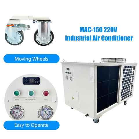 Badass 220V Three Phase Industrial Portable Air Conditioner With Crushingly Cold 51100 BTUH Cooling And Massive 6000W Airflow To Keep Warehouses Shops SweatFree Indoors showing wheels and control panel.