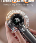 Close-up of Handheld Portable Fan With 6 Speeds, Tiny But Mighty Mini Personal Fan, showing LED display and adjustable settings.