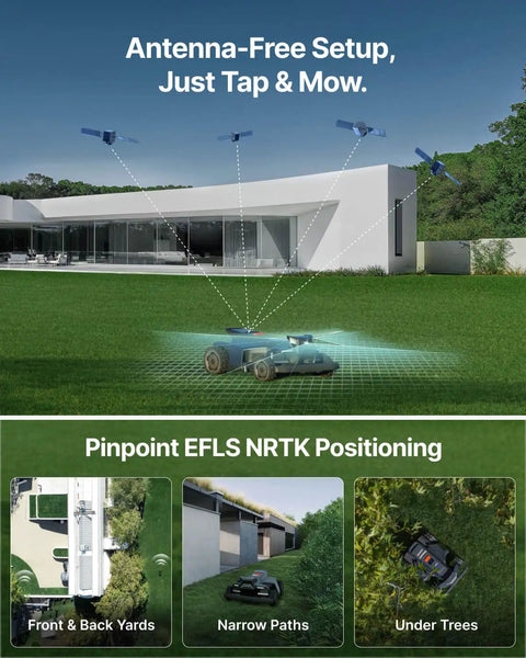 X450 All Wheel Drive Robotic Lawn Mower on steep slope with EFLS NRTK positioning for precision mowing, antenna-free setup