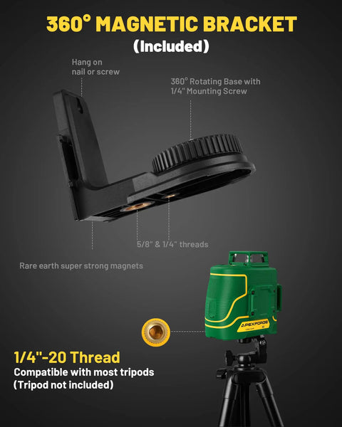 Dual 360 Degree Green Laser Level With 147 Ft Range showing 360° magnetic bracket with mounting screw and thread detail