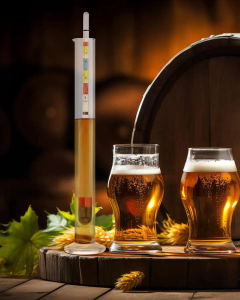 Triple Scale Hydrometer For Home Brew And Home Brewing With ABV Brix And Specific Gravity Readings For Wine Mead Kombucha And Beer in beer glasses
