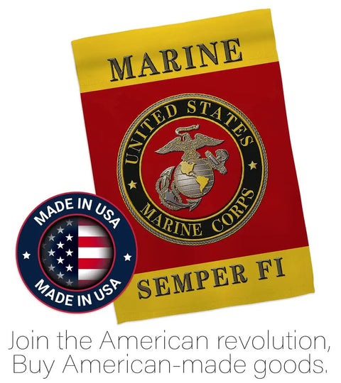 Semper Fi Two Sided Garden Flag For Lawn And House Decor 13 By 18.5 Inches Weatherproof Polyester Banner For Marine Corps Veterans Made In USA Two Sided Print Fade Resistant with Marine Corps emblem and Made in USA badge