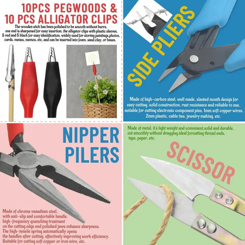 80 Piece Model Tools Kit For Gundam Cars Airplanes And Buildings Complete Hobby Building Tools Set For Model Makers Beginners And Pros Includes Diagonal Pliers And Safe Handling, featuring pegwoods, clips, side pliers, nipper pliers, and scissors.