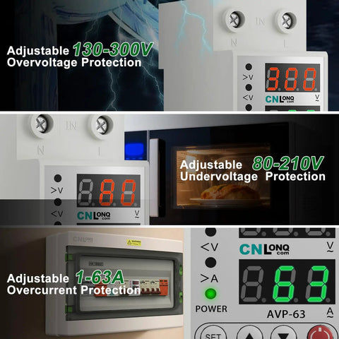 Adjustable Voltage Current Protector For Home And Shop Setup Smart Circuit Breaker 110 To 120V And 220 To 240V Low Voltage Cutoff Overvoltage And Overcurrent Protection 1 To 63 Amps Auto Reset AC Disconnect 19 Configurable Parameters for DIN rail