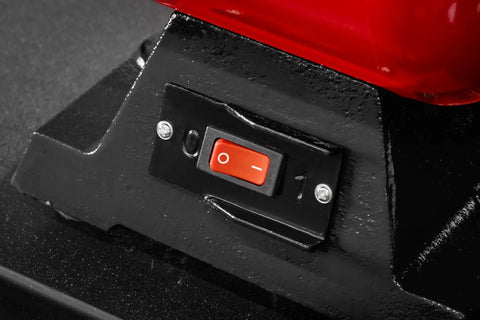 Workhorse 150Mm Bench Grinder Equipped With A Beefy 450W Induction Motor switch detail on black base for easy operation.