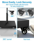 Heavy Duty Umbrella Base With Wheels Holds Up To 200 Lbs Built In Large Capacity Kettle shown with foot lock and swivel wheels.