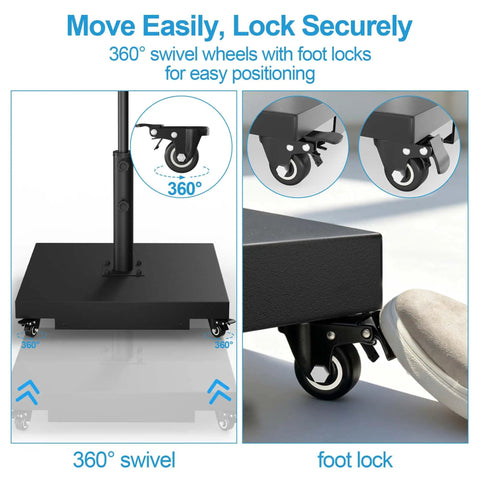 Heavy Duty Umbrella Base With Wheels Holds Up To 200 Lbs Built In Large Capacity Kettle shown with foot lock and swivel wheels.
