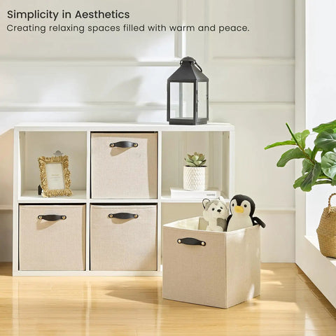 Storage Cube Bins For Shelves And Closets Beige Fabric Cubby Organizer Baskets Three Size Options 11 In 13 In And 13x15x13 In 4 Pack in white shelving unit