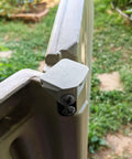 Upgraded Heavy Duty Right Hinge With Knockout Steel Core For Rubbermaid 5L40 Slide Lid Resin Shed Door Replacement Parts 3T17 3T17 2 And 3T17 3 Top Shelf Toughness No Sweat Swap, close-up view on shed door.