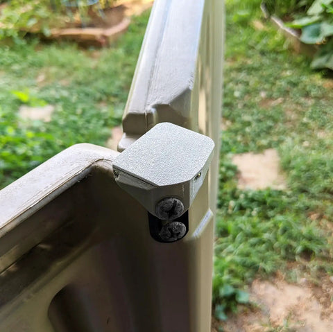 Upgraded Heavy Duty Right Hinge With Knockout Steel Core For Rubbermaid 5L40 Slide Lid Resin Shed Door Replacement Parts 3T17 3T17 2 And 3T17 3 Top Shelf Toughness No Sweat Swap, close-up view on shed door.