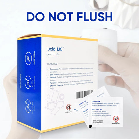 lucidHJC Lens Wipes box, front view, model 200, white with blue panel and yellow trim; 200 individually wrapped wipes.
