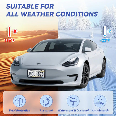 Car in diverse weather with Clear License Plate Cover And Frame Set For Any Ride Universal Protector Two Pack With Rust Proof ABS Build Includes Screws And Caps Weatherproof And Durable Car Plate Shield.