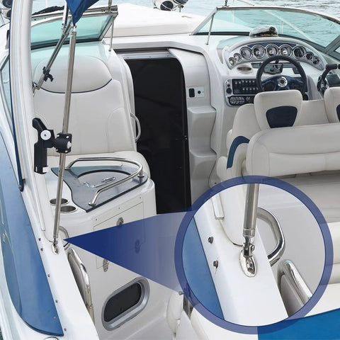 Boat interior showing Four Pieces Bimini Top Caps For Seven Eighths Inch OD Round Tubing Stainless Steel External Eye End Boat Fittings