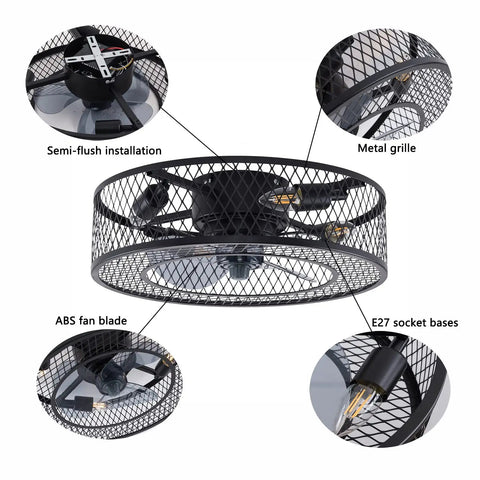 Industrial 18 Inch Ceiling Fan Light Kit With Remote, 3 Speed Adjustable Caged Mesh Shade In Black, E27 Base, No Bulbs Included, Ideal For Living Room, Bedroom, Or Kitchen, Simple Install And Quiet Operation