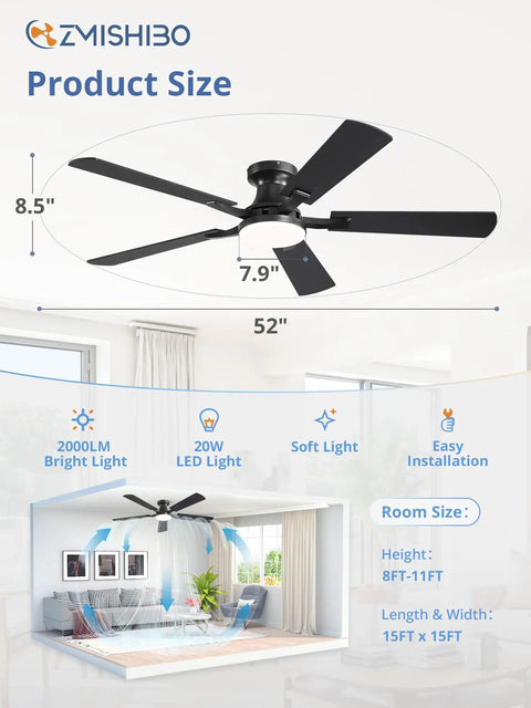 52 Inch Ceiling Fan With Light And Remote App Control Room Ready Low Profile Flush Mount Dimmable 20W LED Light Quiet Reversible Motor For Bedroom Living Room Apartment Black with size chart in modern room setting.