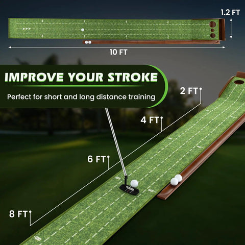 Pro Grade Indoor Outdoor Golf Putting Mat With Automatic Ball Return System dimensions and design for stroke improvement.