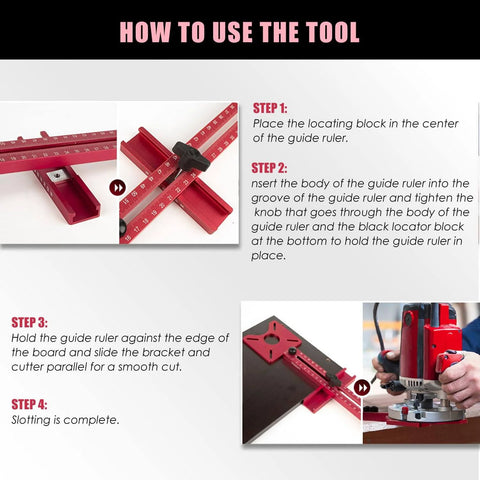 Instructions showing assembly and use of 4 In 1 Router Milling Groove Bracket Aluminum Alloy Circle Cutting Jig with images.
