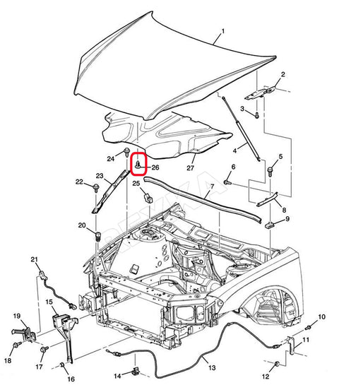 Hood panel insulation seal retainer clip exploded view with part 26 circled
