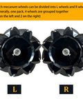 Front view of two 60mm black mecanum robot wheels labeled L and R with multi-roller design and metal hubs.