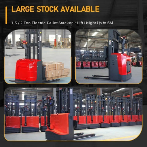 Heavy Duty Electric Pallet Stacker With Battery Powered Forklift Lift System shown in warehouse with boxes stacked.