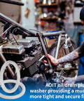 Mechanic adjusting motorcycle engine with BMW M16 Oil Drain Plug Gasket Kit 10 Pack For Boxer Twin Oilheads And R Airheads Motorcycles