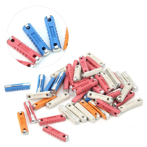 Top Shelf European Classic Car Torpedo Fuse Kit 50 Piece Set with 5A 8A 16A 25A Amps Heavy Duty Zinc Alloy Blades in assorted colors.