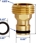 4 Pack Garden Hose Quick Connectors Three Quarters Inch GHT Thread Brass Fittings No Leak Water Hose Adapters Set With Solid Brass Male and Female Quick Connectors for Fast Leak Free Hose Connections, showing detailed measurements.