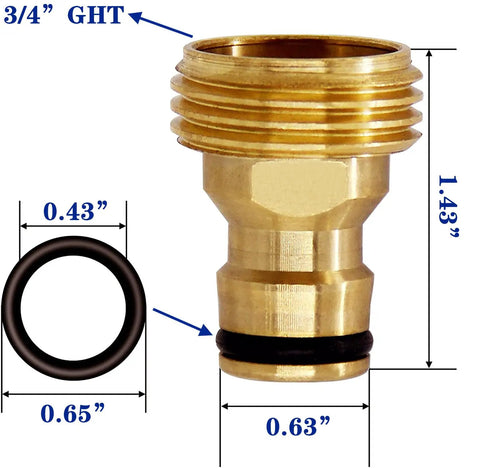 4 Pack Garden Hose Quick Connectors Three Quarters Inch GHT Thread Brass Fittings No Leak Water Hose Adapters Set With Solid Brass Male and Female Quick Connectors for Fast Leak Free Hose Connections, showing detailed measurements.