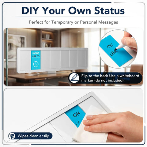7 Zone Sliding Office Door Sign With 13 Interchangeable Messages From Do Not Disturb To In A Meeting Please Knock Recording Out Of Office And More For Private Offices And Conference Rooms Brushed Silver Patent Pending displayed with writable message insert.
