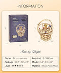 Starry Night 3D Puzzle Music Box Kit packaging and assembled model with size and material details.