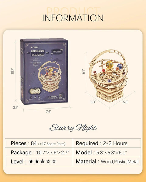Starry Night 3D Puzzle Music Box Kit packaging and assembled model with size and material details.