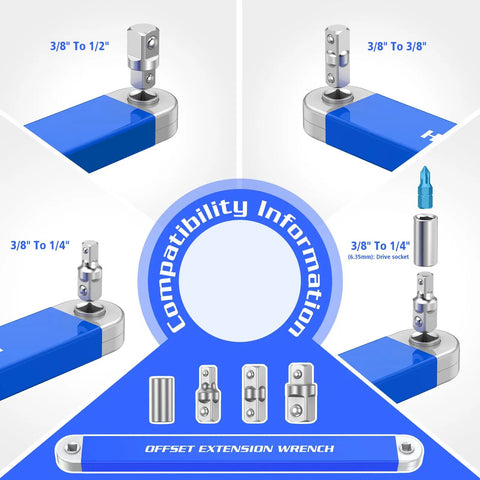 Compatibility details for Heavy Duty Offset Extension Wrench Set Featuring Chain Drive Mechanism And Zero Degree Swing Arc.