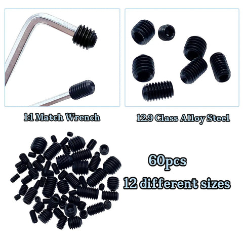 60 Piece Set Screws Kit Grub Screws With Allen Head M3 To M8 12 Sizes For Home Repair Furniture Electronics Door Locks DIY Projects Fixtures Machinery And More displayed with hex wrench and screws in various sizes.